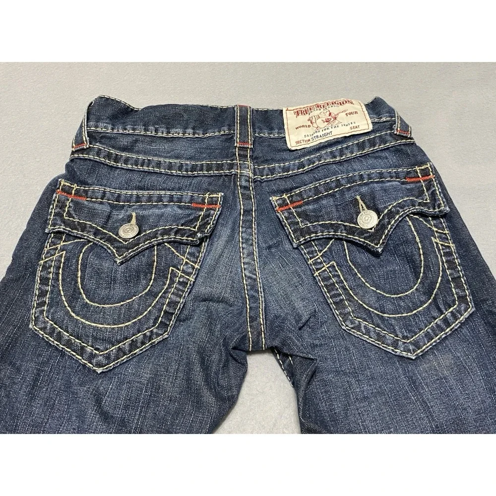 True Religion Straight Flap Earthworm Big T Indigo Heart Dark Wash Jeans Size 27